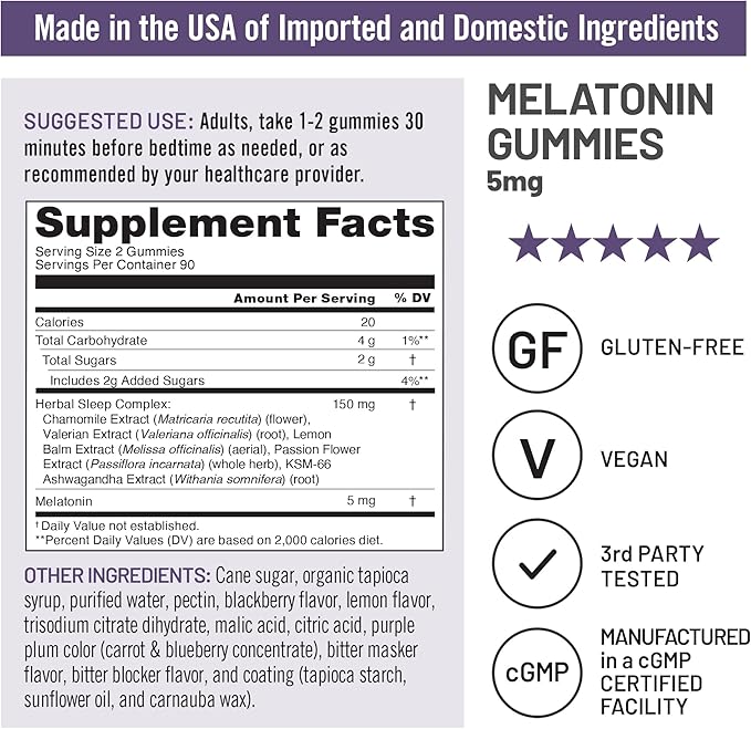 NatureWise Melatonin Gummies 5mg - Non-Habit Forming Sleep Support Supplement with Ashwagandha, Valerian Root - BlackBerry-Lemon Flavor - Vegan, Gluten Free, Non-GMO - 180 Count[90-Day Supply]