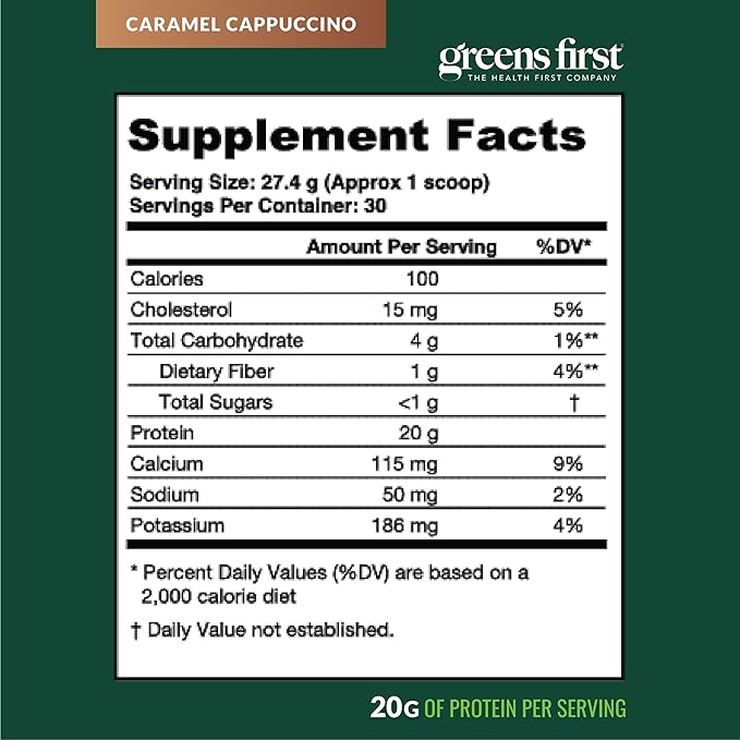 Greens First Dream Protein Powder Whey - 20g Protein Per Serving - Hormone-Free with Prebiotics - Non-GMO - No Artificial Sweeteners/MSG/Aspartame (Caramel Cappuccino, 25 oz)