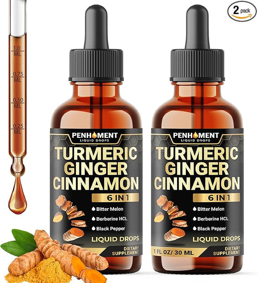 6in1 Liquid Turmeric Curcumin with Ginger, Berberine, Ceylon Cinnamon, Bitter Melon, Black Pepper - Drops Extract for Joint Support - 2Packs of 1 Fl Oz