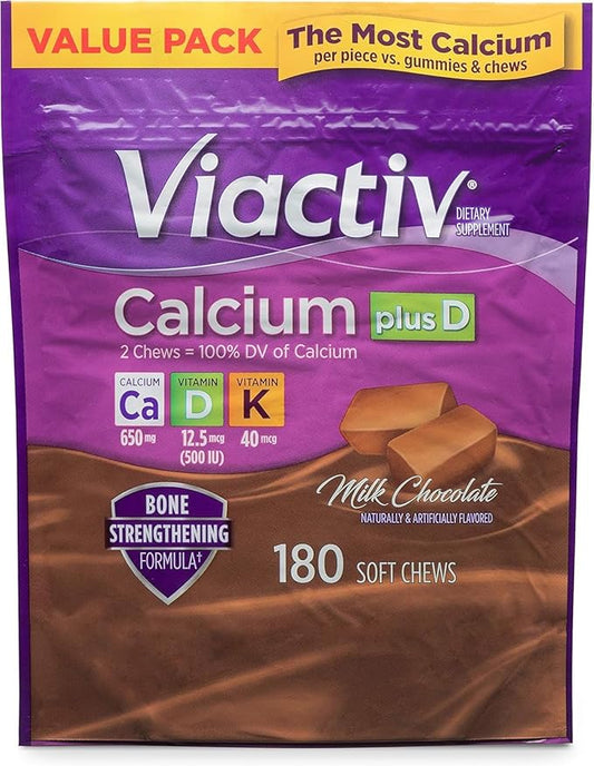 Viactiv Calcium Plus Vitamin D Supplement Soft Chews, Brown, Milk Chocolate, 180 Count