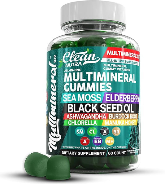Clean Sea Moss Gummies | Black Seed Oil Ashwagandha, Elderberry, Burdock Root, Chlorella, Manuka Honey - Vegan Irish Sea Moss Gummy Vitamins For Adults Kids Men Women - Multimineral Green Apple Flavor