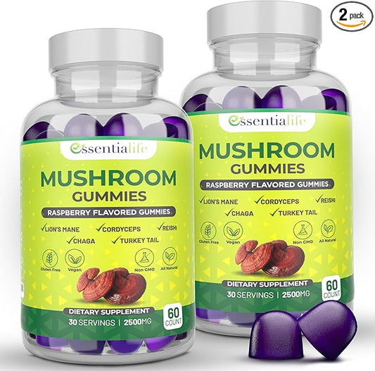 Mushroom Gummies Lions Mane Supplement Mushroom Supplement with Lions Mane, Turkey Tail, Cordyceps, Reishi, Chaga Extract | Brain Health and Immune Support Gummies, 120 Count