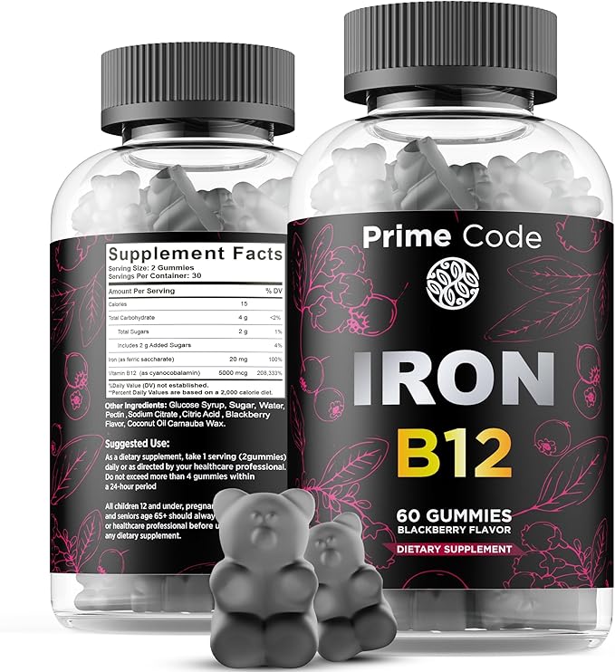 Prime Code Iron Gummies for Women & Men with Vitamin B12, Liquid Vitamin B1 Drops with Vitamin B3 B6 & B12, Liquid Vitamin A Supplement for Women & Men with Vitamin C E and D3