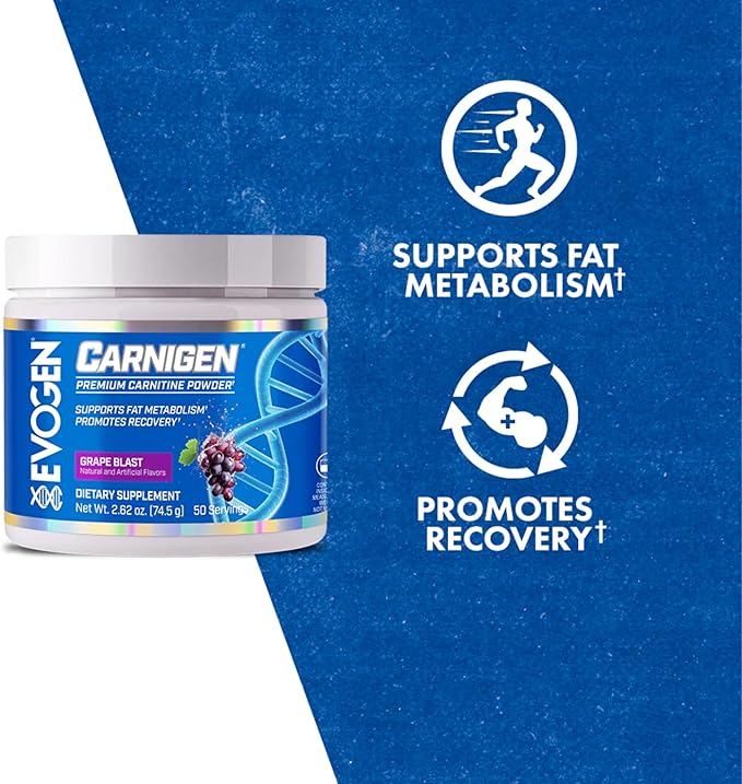 Evogen Carnigen - Premium Carnitine Powder | Supports Fat Metabolism & Promotes Recovery | Stimulant-Free L Carnitine Supplement Matrix with Acetyl L-Carnitine | Grape | 50 Servings