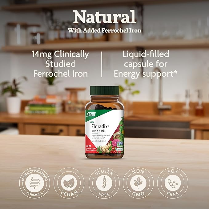 Floradix Iron + Herbs - Iron Supplement for Healthy Energy Support - Vegan, Non-GMO, Gluten-Free, Soy-Free - 60 Liquid Phyto-Caps