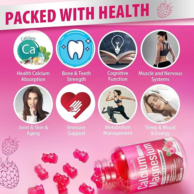 Calcium Magnesium Zinc Gummies for Kids Adults,High Absorption Magnesium Glycinate 300mg with Vitamin D3,B6,B12 for Bone,Muscles,Calm Mood,Sleep Support,Sugar-Free,Vegan,Raspberry Flavor,90 Counts