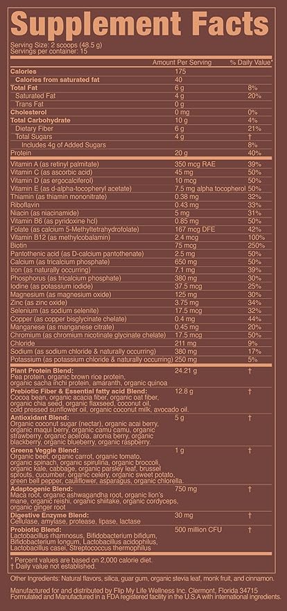 Flip 7 Natural SuperFood, Plant-Based Protein, Complete Meal Replacement to Support Healthy Gut, 7 Mega Nutrient Rich Blends all in one to AGE BETTER - Chocolate