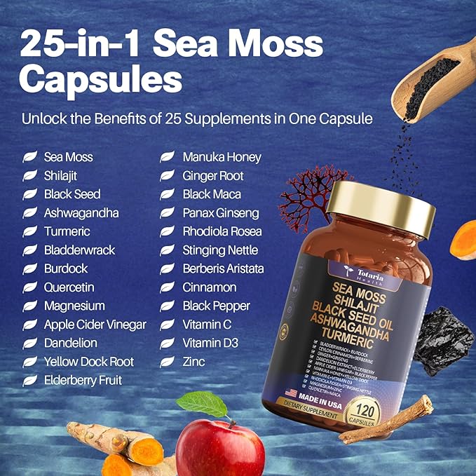 25-in-1 Sea Moss Capsules, 120 Capsules per Bottle, 2 Bottles