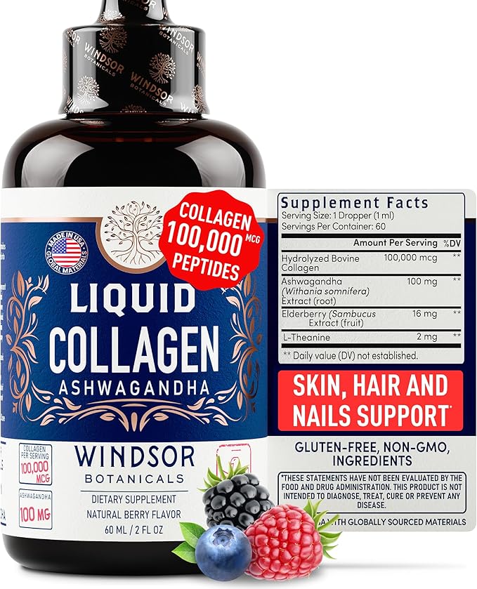 WINDSOR BOTANICALS Liquid Collagen Ashwagandha and Melatonin Liquid - Sleep, Calm & Beauty Support Bundle