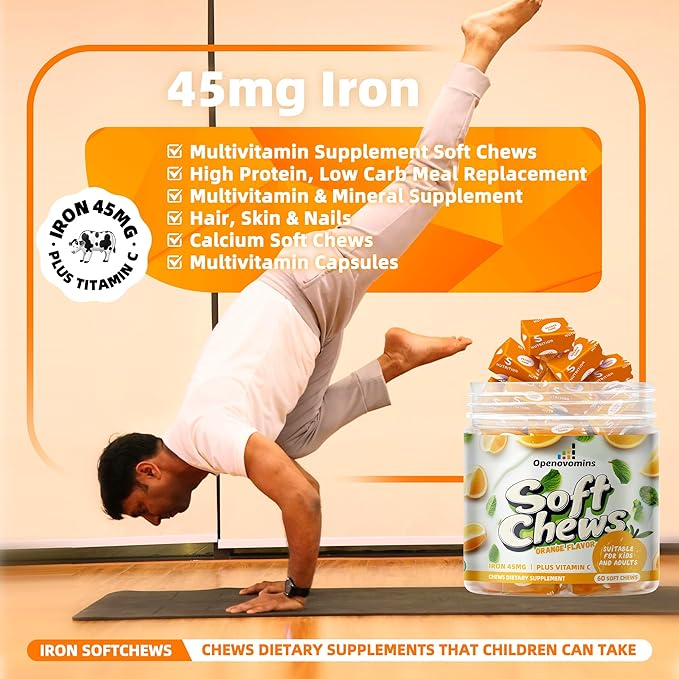 Iron Supplement Chews with Vitamin C for Women Men and Kids, Natural Vegan Iron Soft Chew with Vitamin B6,B12,D, Calcium & Zinc - Energy Support, 60 Orange SoftChews,2 Month Supply