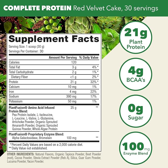 PlantFusion Complete Vegan Protein Powder - Plant Based Protein Powder With BCAAs, Digestive Enzymes and Pea Protein - Keto, Gluten Free, Soy Free, Non-Dairy, No Sugar, Non-GMO - Red Velvet 2 lb