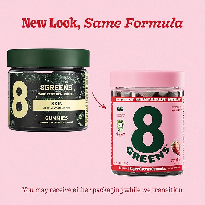 8Greens Supergreens Beauty Gummies with Collagen & Biotin | Super Greens Powder Superfood Gummy for Healthy Skin, Hair, Nails, Glow, and Firmness, Superfood Booster, Strawberry Flavored, 100 Count