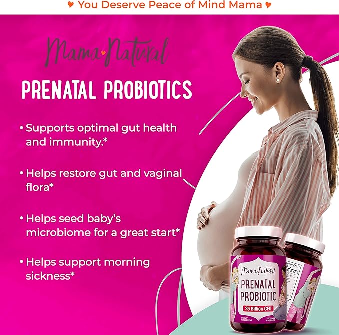 Mama Natural Prenatal Probiotics for Women – Gut & Immune Support for Pregnancy, Breastfeeding & Postpartum* | 25 Billion CFU, 12 Strain Probiotic & Prebiotic Blend to Support Mom and Baby