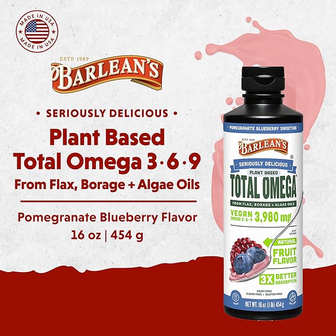 Barlean's Liquid Flaxseed, Borage and Algae Oils Omega 3 Supplement, Pomegranate Blueberry Flavor, Vegan EPA and DHA, Flax and Borage Seed Oil with 3,980 mg of Omega-3-6-9, 16 oz