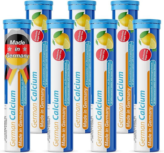German Calcium 140 Drink Effervescent Tablets - Lemon Lime Flavour - 500 mg Calcium, Sugarfree, Vegan- T&D Pharma – Made in Germany