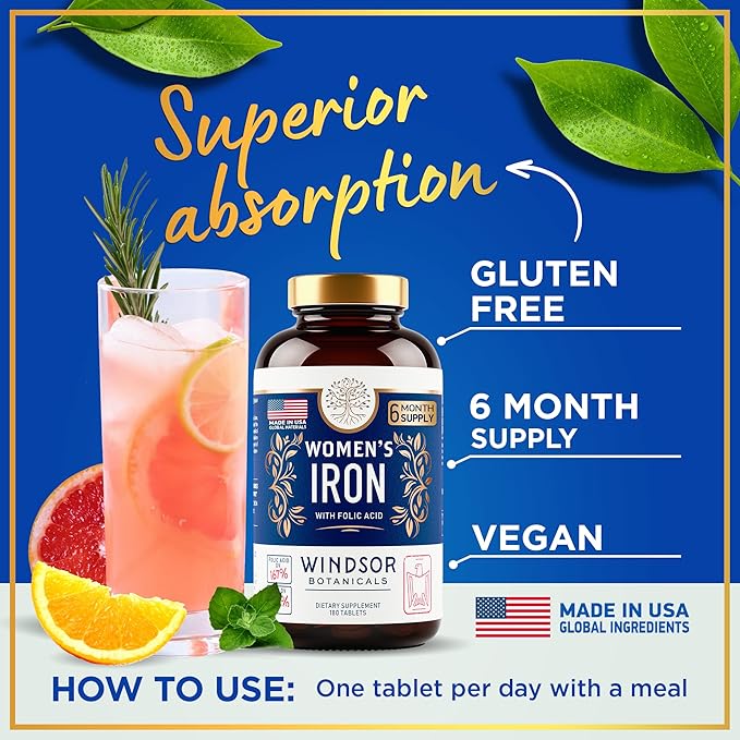 Iron and Folic Acid Supplements for Women - 35mg Gentle Iron Vitamin, Folic Acid 400mcg - Anemia, Period, Pregnancy Support Supplement, Ferrous Sulfate Pills - 180 Vegan Non-Constipating Tablets