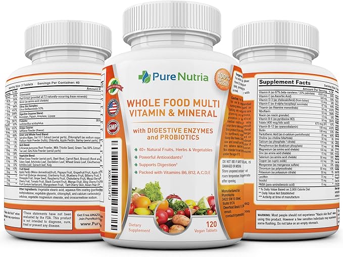 Whole Food MultiVitamin and Minerals with Probiotic Enzymes - 120 Multivitamins for Women and Men - Packed with WholeFood and Herbal Ingredients - Powerful Antioxidants for Digestive Support