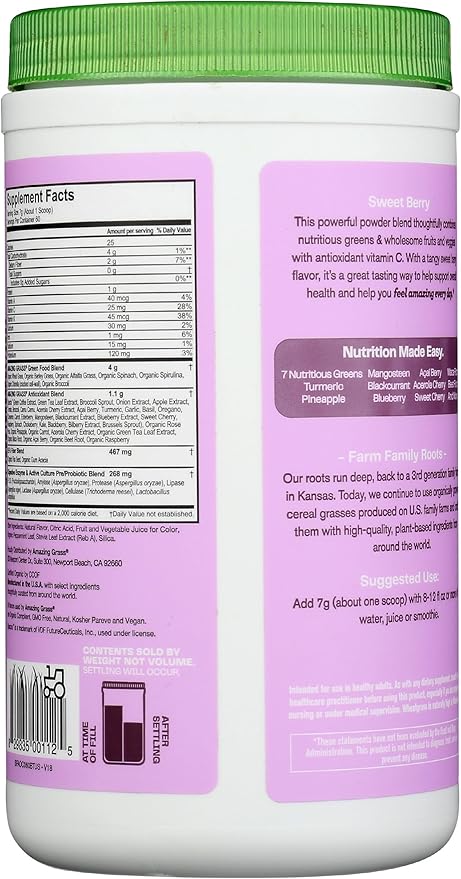 Amazing Grass Greens Superfood Antioxidant: Greens Powder with Organic Spirulina, Beet Root Powder, Elderberry & Probiotics, Sweet Berry, 60 Servings (Packaging May Vary)