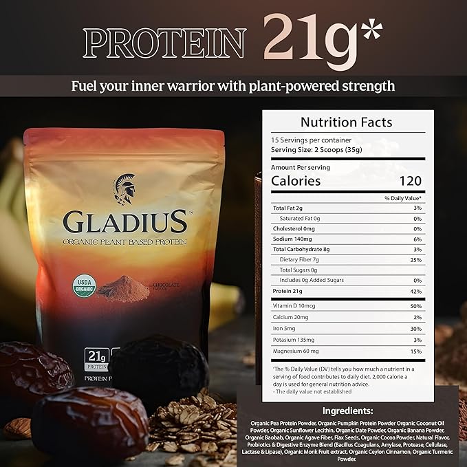 GLADIUS Organic Plant Based Protein Powder | Chocolate | 15 Servings | 21g of Protein | Plant Based | No Sugars Added | Rich in Probiotics