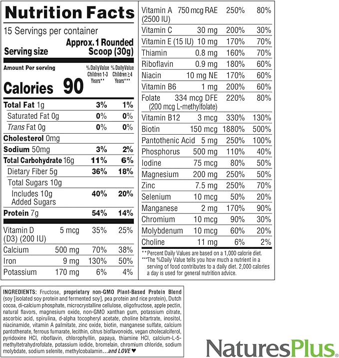 Natures Plus SPIRU-TEIN Junior, Chocolate - 1 lb - Plant-Based Protein Powder Shake for Kids - Gluten Free & Vegetarian - 15 Servings