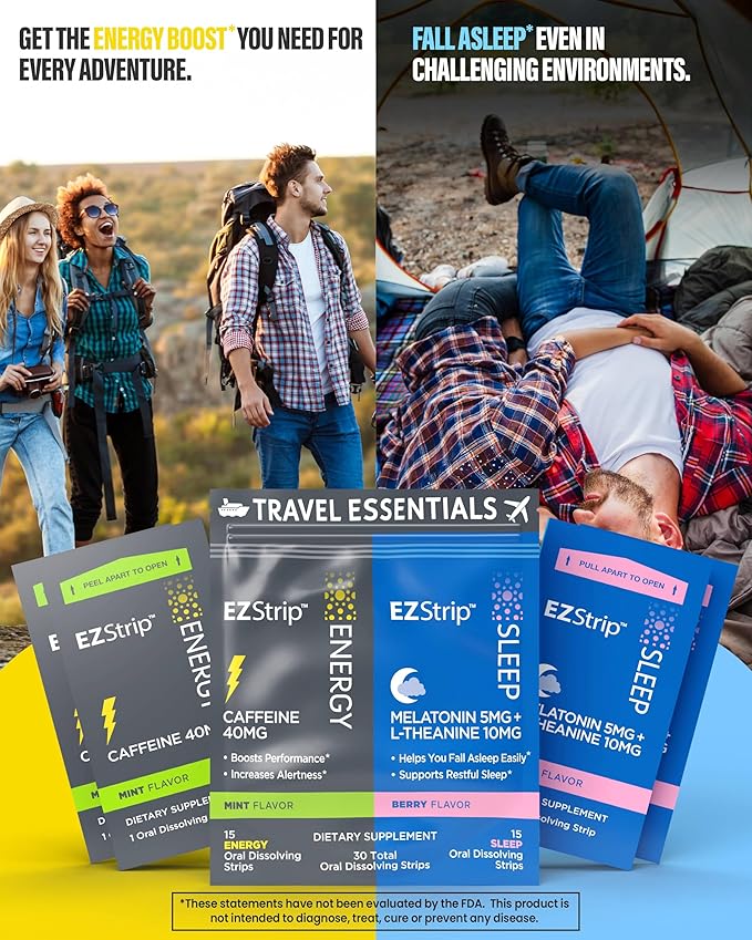 Travel Pack with Energy & Sleep Supplements - 30 Count - Portable Pack with Caffeine Strips for Energy and Melatonin Strips for Sleep Support During Travel - Made in USA, Sugar & Gluten Free