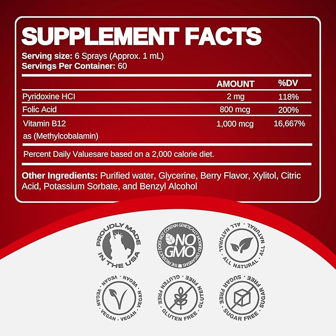 Vitamin B12 Energy Spray, Methylcobalamin with Folic Acid Sublingual Liquid Complex for Focus, & Metabolism, Nano Technology Instant Absorption and Custom Dosage (4 oz - 120 Servings)
