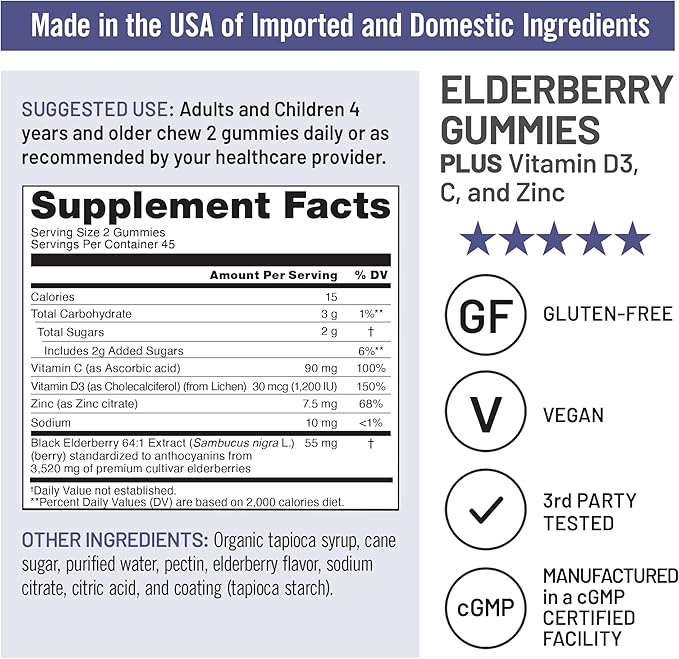NatureWise Sambucus Elderberry Gummies - Immune Support Supplement for Kids Ages 4+ & Adults with Vitamin C, D3, Zinc - Elderberries Equivalent to 3520mg - Vegan, Non-GMO - 90 Count[45-Day Supply]
