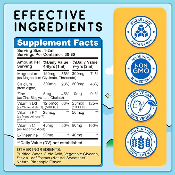 Kids Magnesium Liquid Drops - Magnesium Glycinate Liquid for Kids, L-Threonate Supplement with L-Theanine, Calcium, Zinc, Vitamin D3 K2 for Sleep Calm Relaxation Brain Bones, Pineapple Flavor 2 Fl Oz