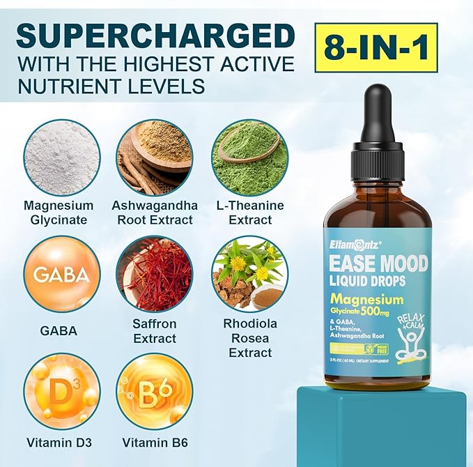Magnesium Glycinate Liquid Drops for Kids, Adults with GABA, Ashwagandha, L-Theanine, Vitamin D3, B6, Saffron for Brain Calm, Muscle Relaxation, Mood, Zzz- Calm Magnesium Supplement, Vegan, 2 Pack