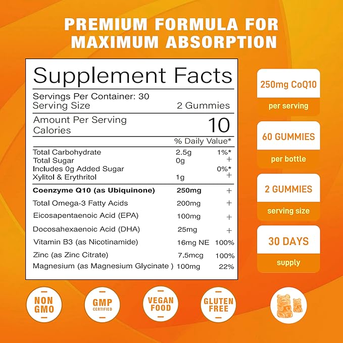 2 Pack CoQ10 Gummies, Plus Omega-3, Vitamin B3 and Zinc, Magnesium, 5X High Absorption Coenzyme Q10 Supplements, q10 for Boost Cellular Energy, Potent Antioxidant & Brain, Peach Flavor, 120 Cts