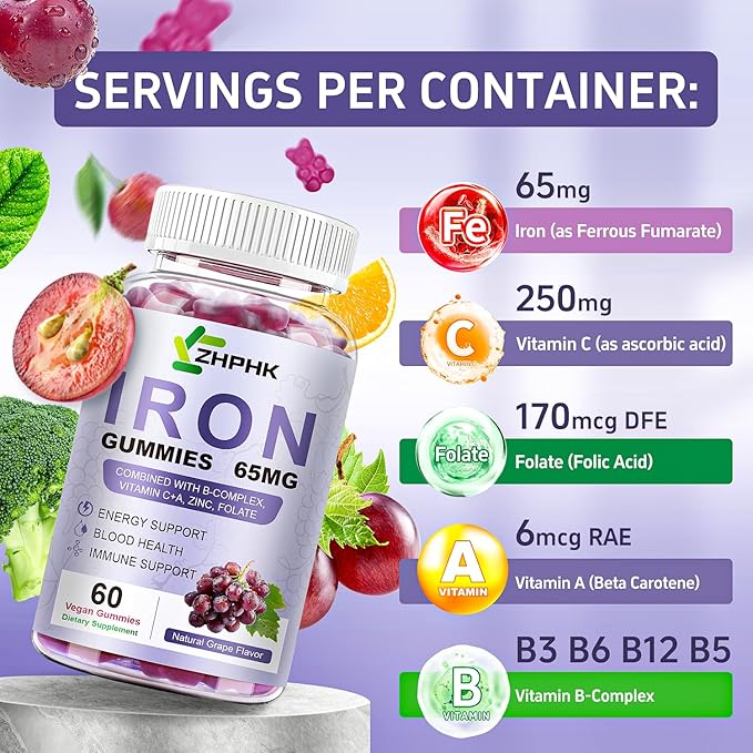 Iron Supplement for Women and Men, Grape Flavored Gummies 65mg and 250mg Vitamin C & Folate for Iron Deficiency and Anemia, Energy Support & Immune Health, 60 Count