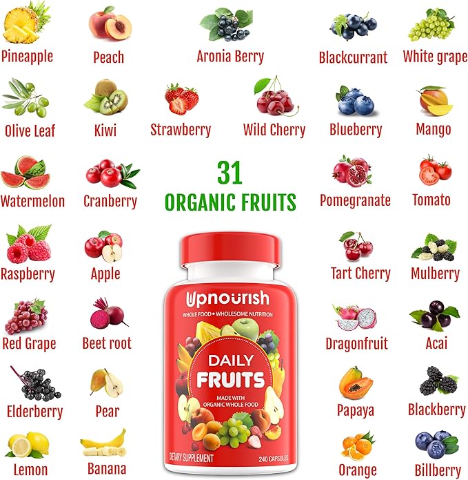 UpNourish Organic Fruits and Veggies Supplement - Support Diet Balance, Body Cleanse & Energy - 480 Fruits and Super Greens Capsules from Nature - Fruit and Vegetable Supplements for Adults & Kids