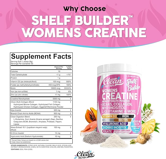 Creatine for Women | Creatine Monohydrate + BCAA Powder Myo-Inositol Collagen Biotin Hyaluronic Acid Folate L Glutamine Vitamin D3 Iron Zinc D-Chiro-Maca Digestion Shelf Builder by Clean Nutra