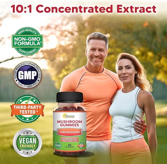 aSquared Nutrition Mushroom Gummies - 10x Complex Supplement - Lions Mane, Turkey Tail, Reishi, Cordyceps, Chaga - Energy, Focus, Immune Support for Men & Women - Replace Powder, Capsules & Pills