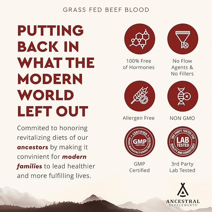 Ancestral Supplements Grass Fed Blood is Blood, Liver & Spleen Formula, 500mg, Grass Fed Beef Supplement, Red & White Blood Cell Formation, Immune and Heart Health Support, Non GMO, 180 Capsules