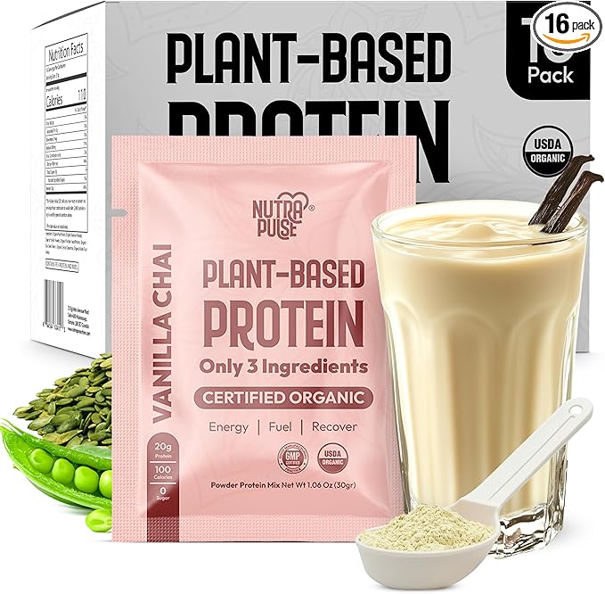 Organic Vegan Protein Powder Sample Pack - Plant-Based Protein, Gluten-Free, Non GMO, 20g Protein Per Serving, Great for Smoothies & Shakes (Vanilla Chai, Pack of 16)