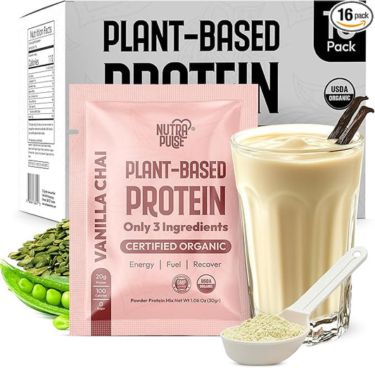 Organic Vegan Protein Powder Sample Pack - Plant-Based Protein, Gluten-Free, Non GMO, 20g Protein Per Serving, Great for Smoothies & Shakes (Vanilla Chai, Pack of 16)