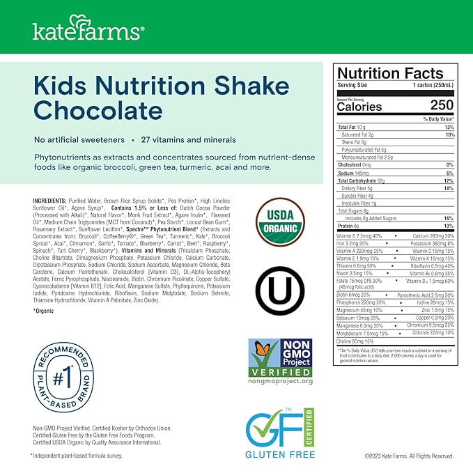 KATE FARMS Organic Pediatric Kids Nutrition Shake, Chocolate, 8g protein, 27 Vitamins and Minerals, Meal Replacement, Protein Shake, Gluten Free, Non-GMO, 8.45 oz (6 Pack)