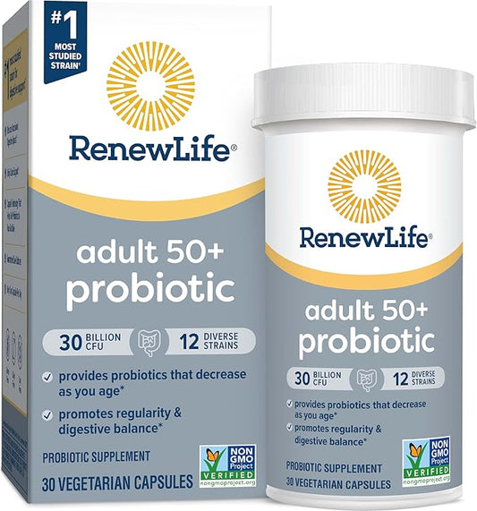 Renew Life Probiotic Adult 50 Plus Probiotic Capsules, Daily Supplement Supports Urinary, Digestive and Immune Health, L. Rhamnosus GG, Dairy, Soy and gluten-free, 30 Billion CFU, 30 Count