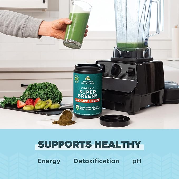 Supergreens Alkalize & Detox Powder by Ancient Nutrition, Organic Superfood Powder Made from Real Fruits, Vegetables and Herbs, for Digestive and Energy Support, 25 Servings, 7.5oz