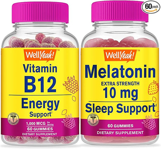 Vitamin B12 1000mcg + Melatonin 10mg, Gummies Bundle - Great Tasting, Vitamin Supplement, Gluten Free, GMO Free, Chewable Gummy