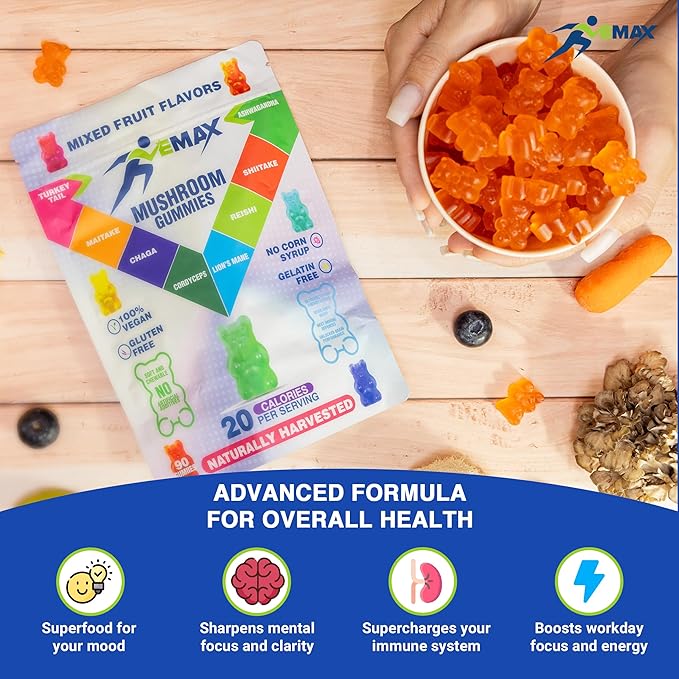Ashwagandha and Lions Mane Mushroom Gummies for Adults - Organic - Reishi, Maitake, Chaga, Cordyceps, Shiitake, Turkey Tail - Immune Support, Memory, Focus and Energy -Vegan Mushroom Supplement Gummy