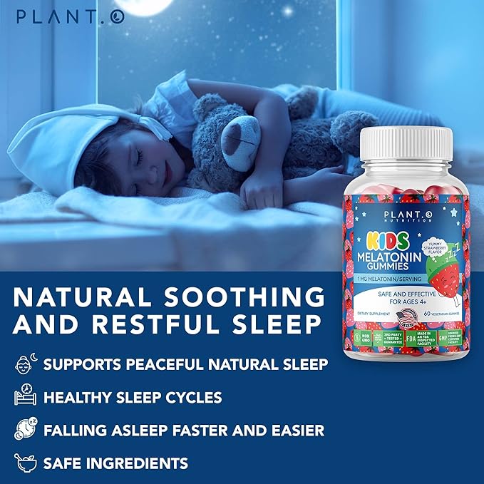 Kids Melatonin Gummies [Fall Asleep Faster with 100% Drug Free Strawberry Cream Flavored Gummy] for Natural Sleep Support | Vegetarian, Gluten Free | 60 Children’s Melotonin Chewables