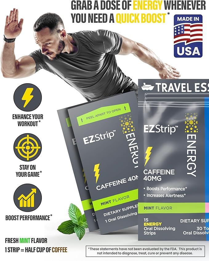 Travel Pack with Energy & Sleep Supplements - 30 Count - Portable Pack with Caffeine Strips for Energy and Melatonin Strips for Sleep Support During Travel - Made in USA, Sugar & Gluten Free