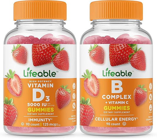 Lifeable Vitamin D 5000 IU + B Complex, Gummies Bundle - Great Tasting, Vitamin Supplement, Gluten Free, GMO Free, Chewable Gummy