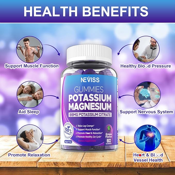 Potassium Magnesium Gummies - Potassium Supplement w/Ashwagandha 200mg, High Absorption Magnesium Glycinate,B6,B12,Potassium Citrate for Leg Cramps,Muscle,Electroyte for Adults Kids,Sugar-Free, 1Pack
