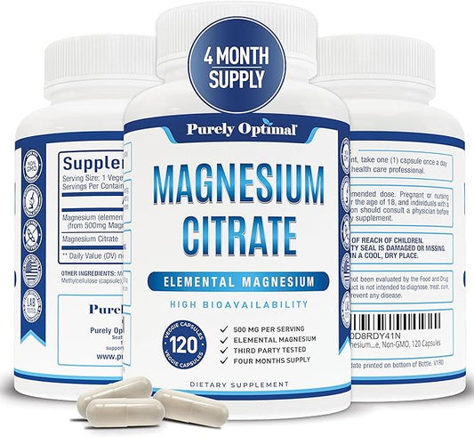 Purely Optimal Magnesium Citrate 500mg - Citrato de Magnesio, Supplement for Sleep, Heart, Nerves, Muscles - Gluten-Free, Non-GMO, 120 Capsules
