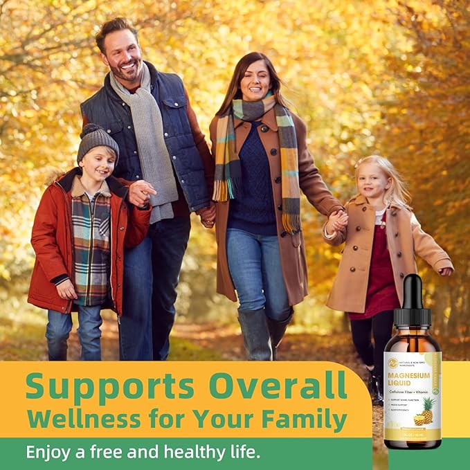 Magnesium Glycinate Liquid, High Absorption Magnesium Liquid Drops with Cellulose Fiber, Bromelain, Vitamin B6, C, D, Zinc, Magnesium Supplement for Kids and Adults, Pineapple Flavor, 1 Pack