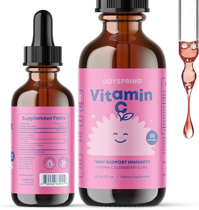 JoySpring Vitamin C and Zinc for Kids, Elderberry Liquid Supplement | Alcohol-Free Toddler Vitamin C | 2+ Years | (2 fl oz) 30 Servings