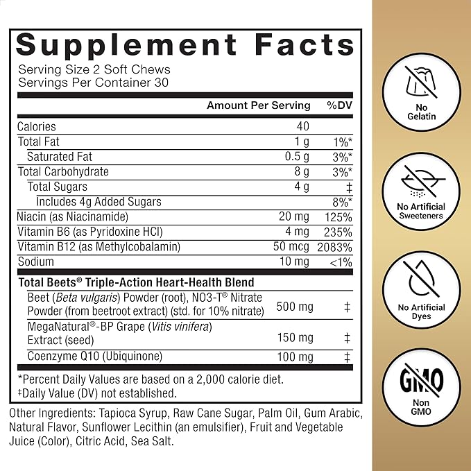 FORCE FACTOR Total Beets Ultimate Heart Health Blood Pressure Support Chews with CoQ10, Beet Root Powder, Grape Seed Extract, Blood Pressure Supplement for Circulation & Blood Flow, 60 Soft Chews